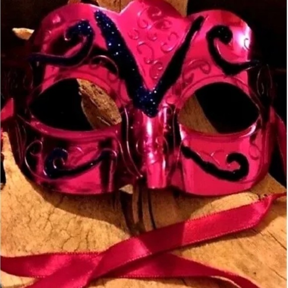 Masquerade Mask Mirror Metallic Fuchsia  with Sequins and Ribbon’s OS - Picture 2 of 2